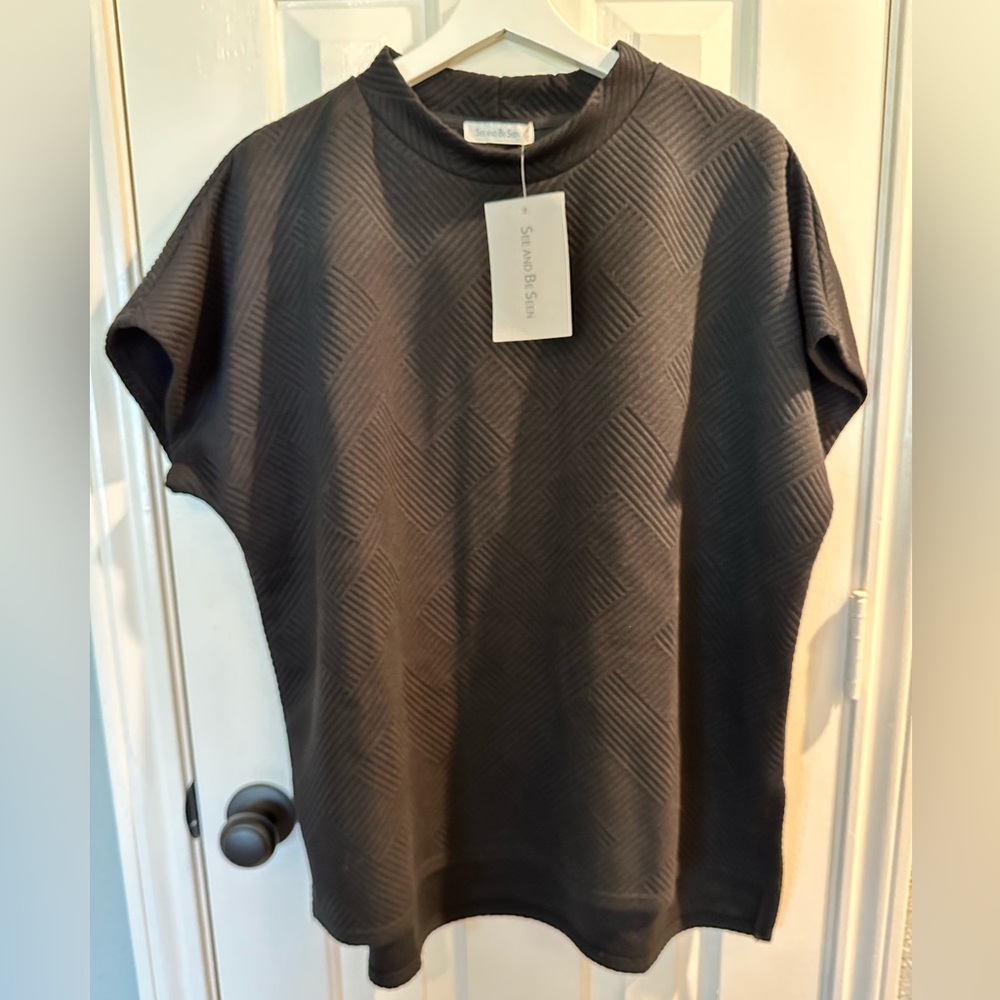 Black, Textured, Boxy Dolman Sleeve Top & Matching Drawstring, Wide Leg Pants